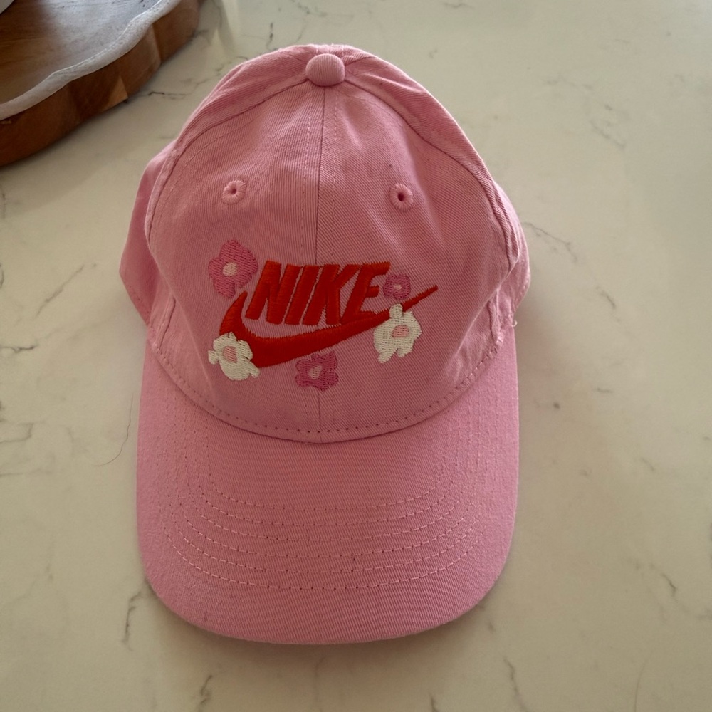 NWOT Nike Pink Cap with Red Swoosh and Floral Embroidery (Ages 4-7)